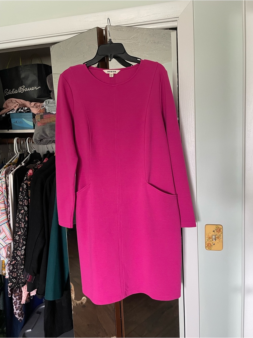 Boden Fuchsia Pink Long Sleeve Stretchy Shift Dress w/ Pockets 10R